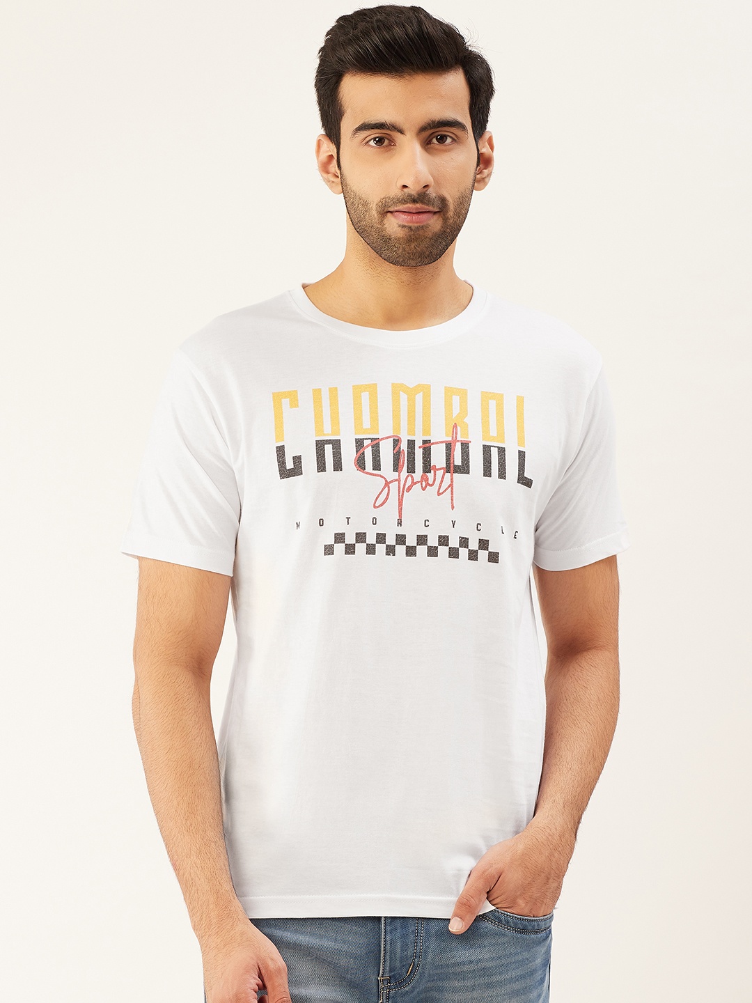 

THE CHAMBAL Men White Black Printed Round Neck Pure Cotton T-shirt