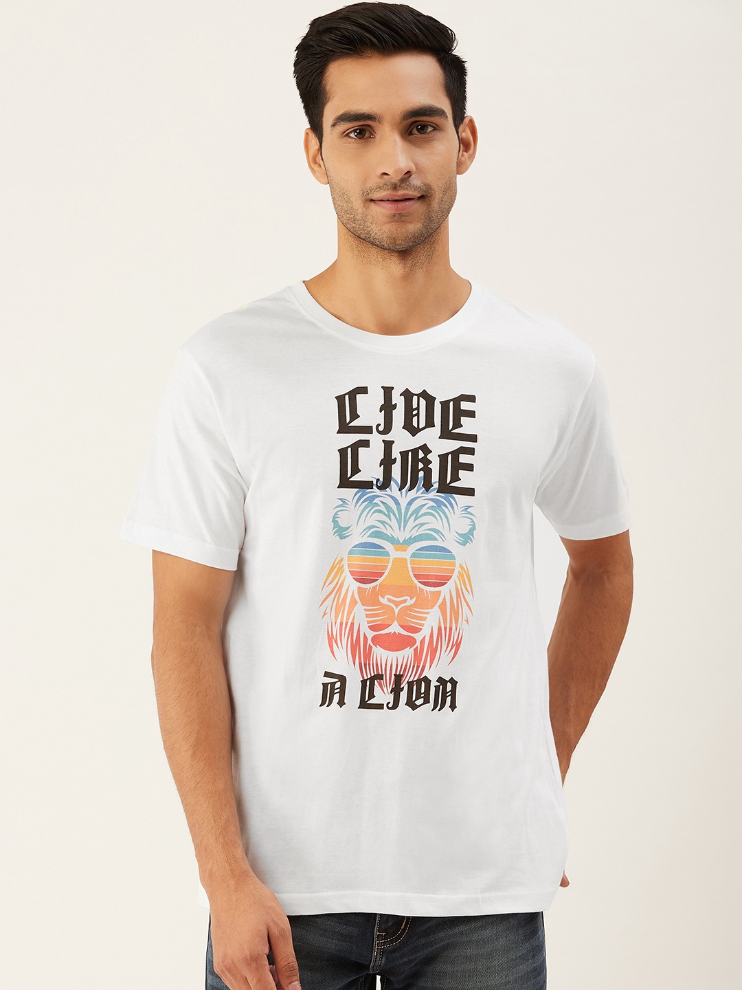 

THE CHAMBAL Men White Orange Lion Print Round Neck Pure Cotton T-shirt