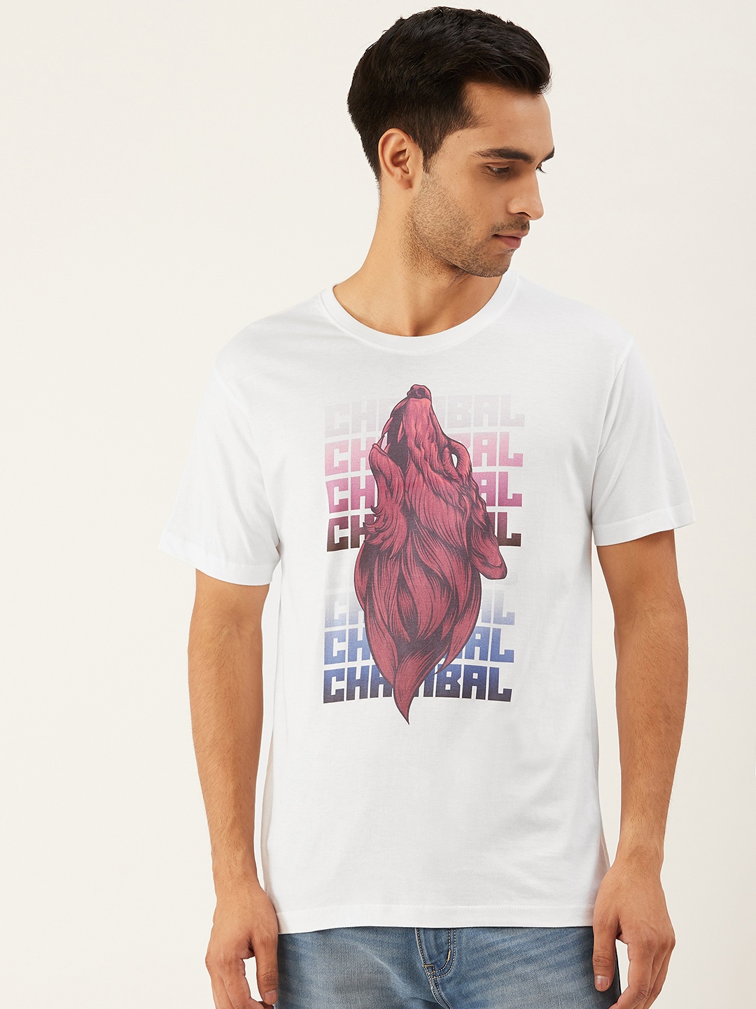 

THE CHAMBAL Men White Pink Wolf Print Round Neck Pure Cotton T-shirt