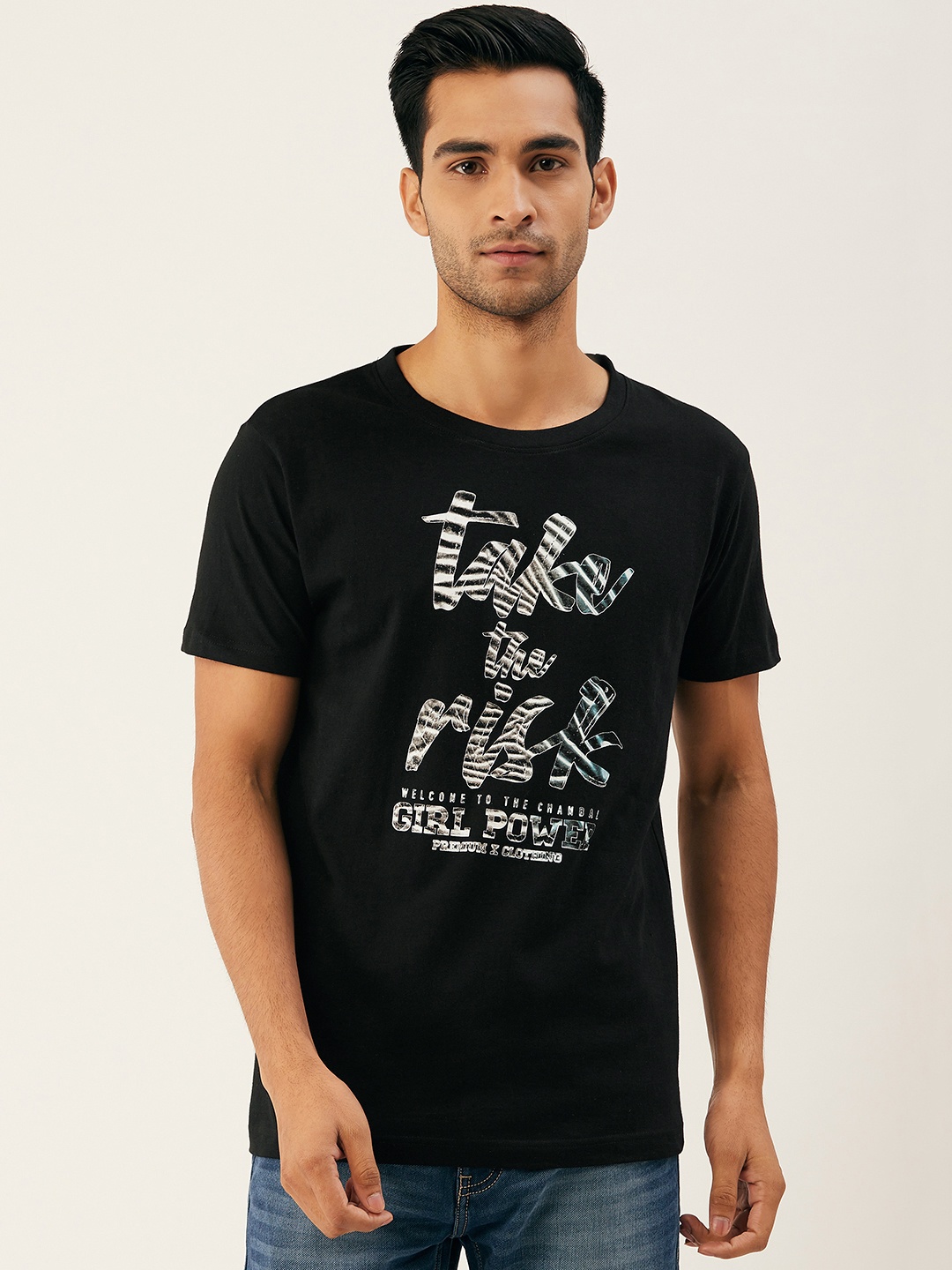 

THE CHAMBAL Men Black Typography Print Round Neck Bio-Wash Pure Cotton T-shirt