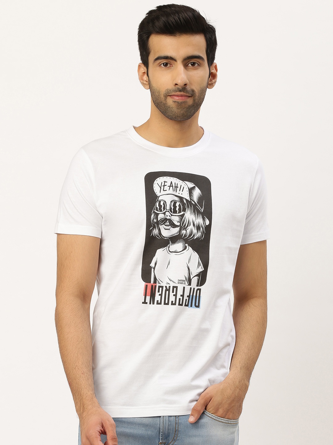 

THE CHAMBAL Men White Black Graphic Print Round Neck Bio-Wash Pure Cotton T-shirt