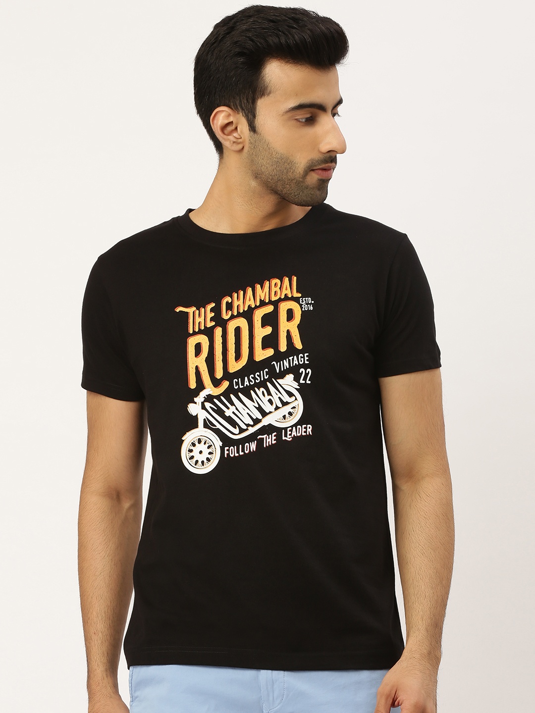 

THE CHAMBAL Men Black Mustard Yellow Typography Print Round Neck Bio-Wash Pure Cotton T-shirt