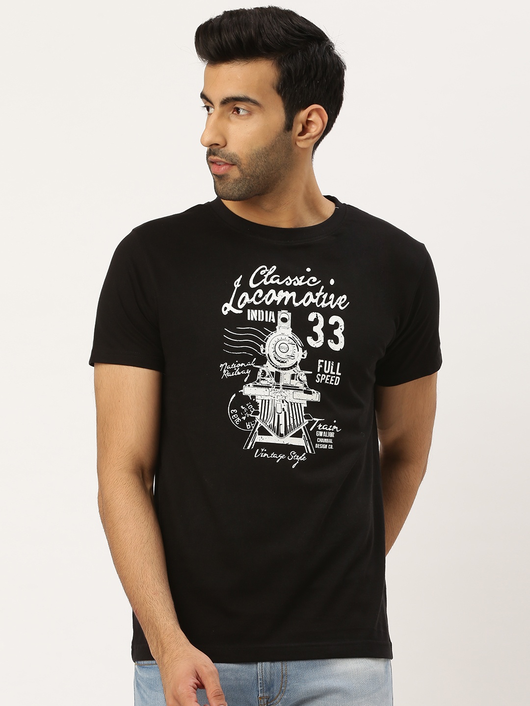 

THE CHAMBAL Men Black White Locomotive Print Round Neck Bio-Wash Pure Cotton T-shirt