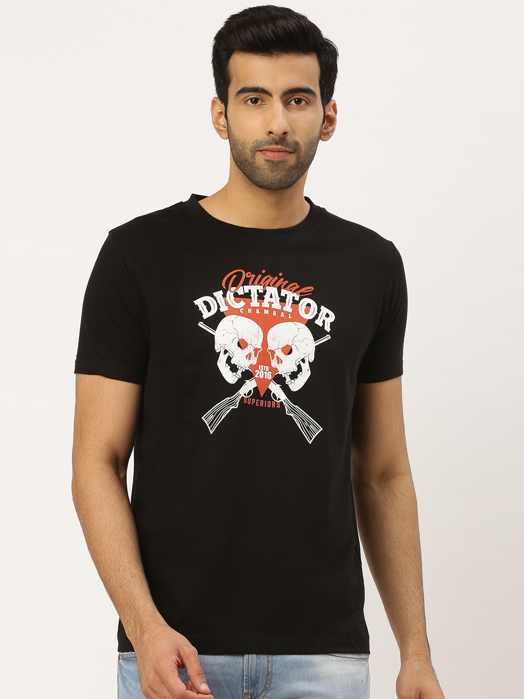 

THE CHAMBAL Men Black White Skulls Guns Print Round Neck Bio-Wash Pure Cotton T-shirt