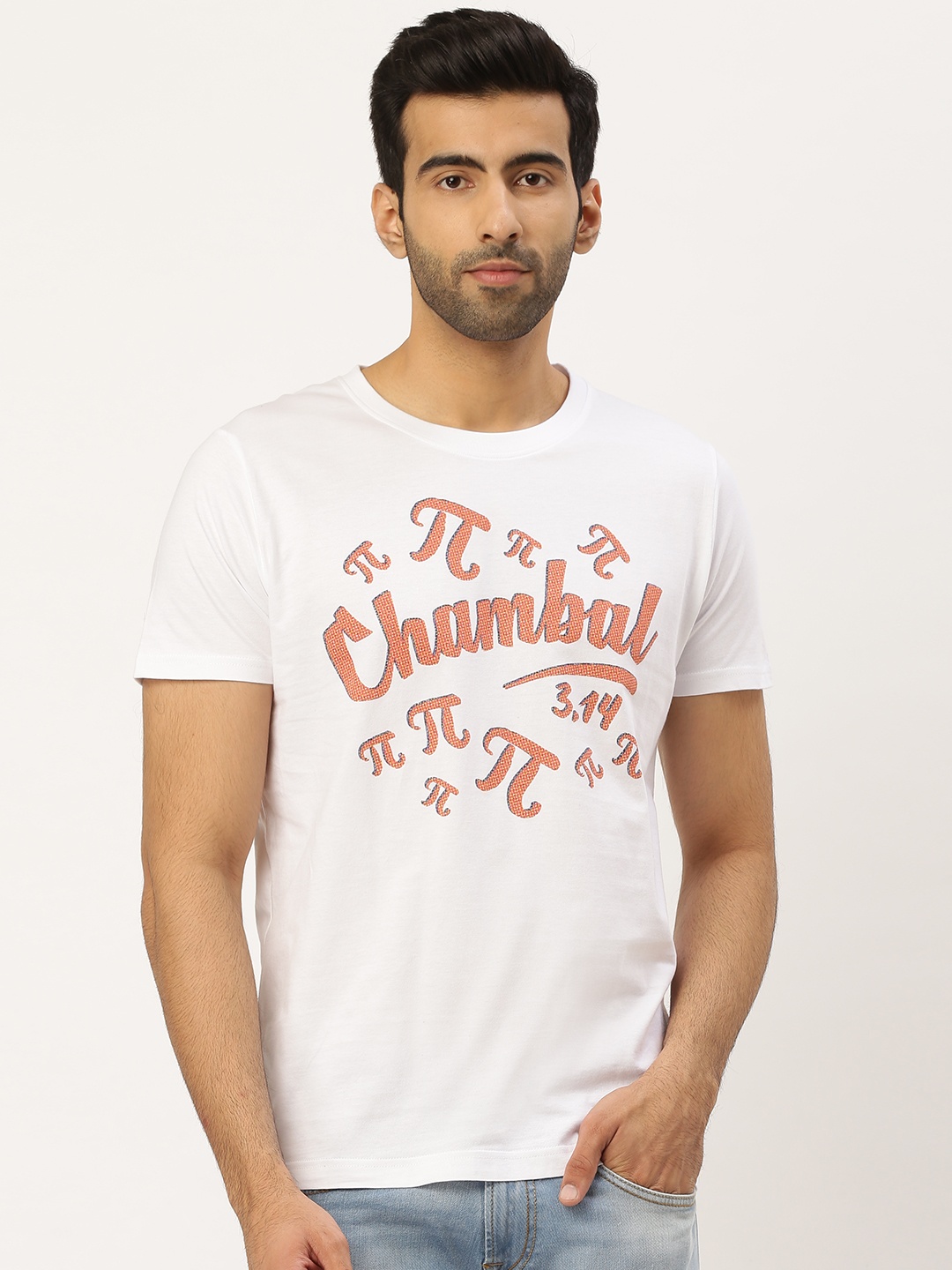 

THE CHAMBAL Men White Peach-Coloured Chambal Print Round Neck Bio-Wash Pure Cotton T-shirt