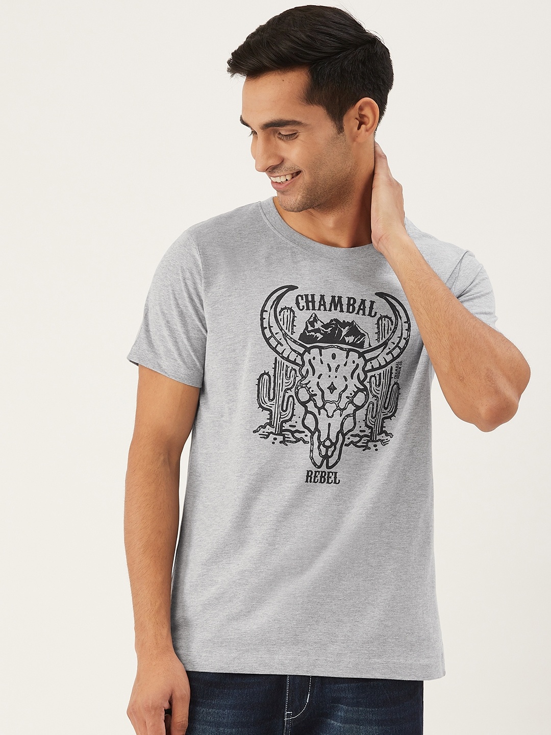 

THE CHAMBAL Men Grey Melange Black Graphic Print Round Neck Bio-Wash Pure Cotton T-shirt