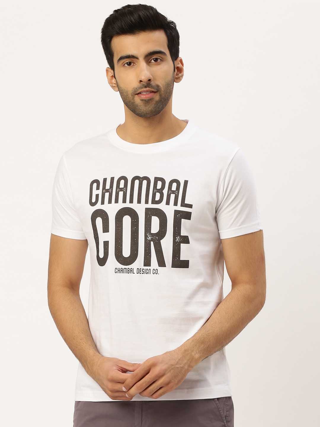 

THE CHAMBAL Men White Black Typography Print Round Neck Bio-Wash Pure Cotton T-shirt