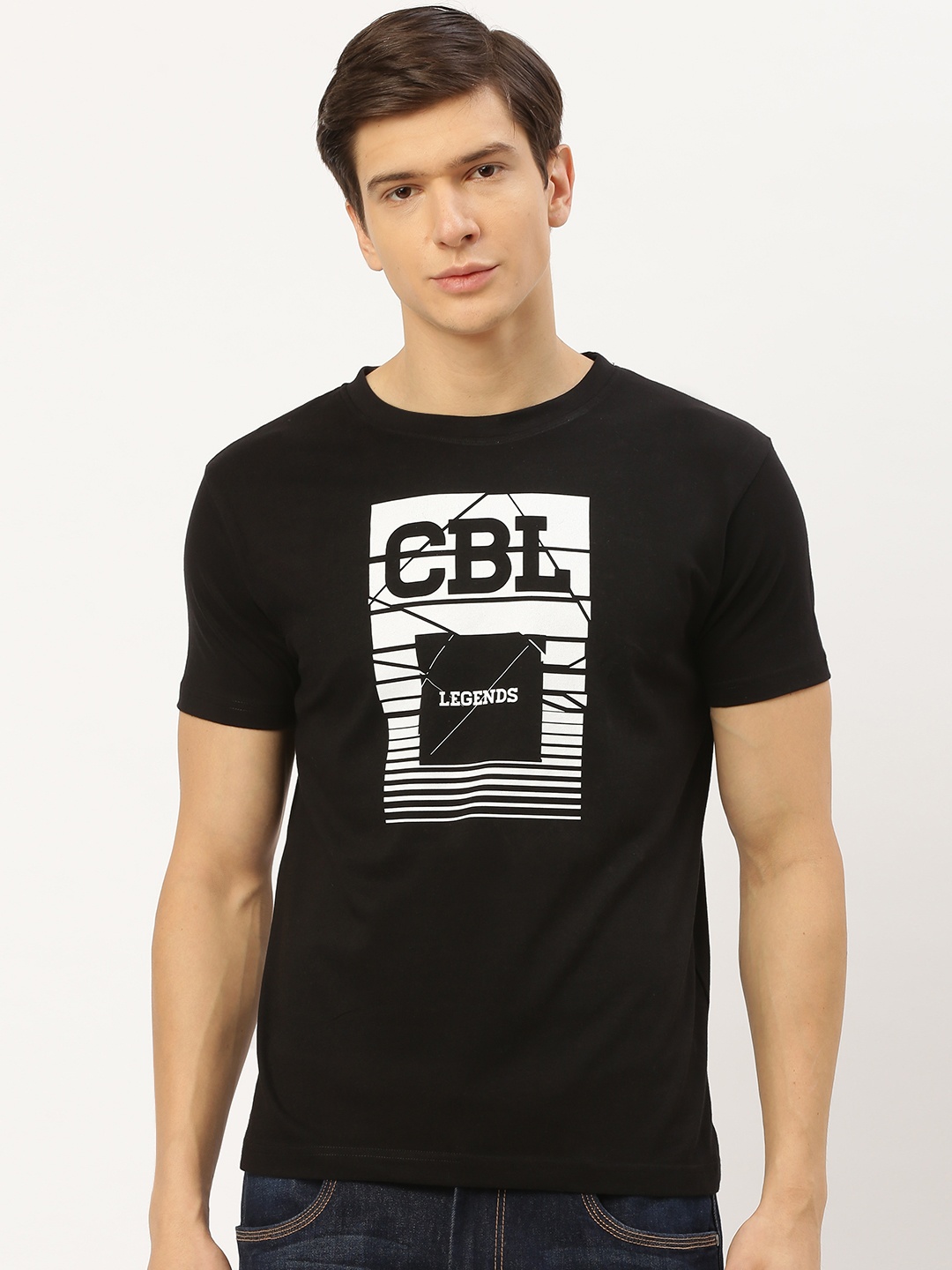 

THE CHAMBAL Men Black White Printed Round Neck Pure Cotton T-shirt