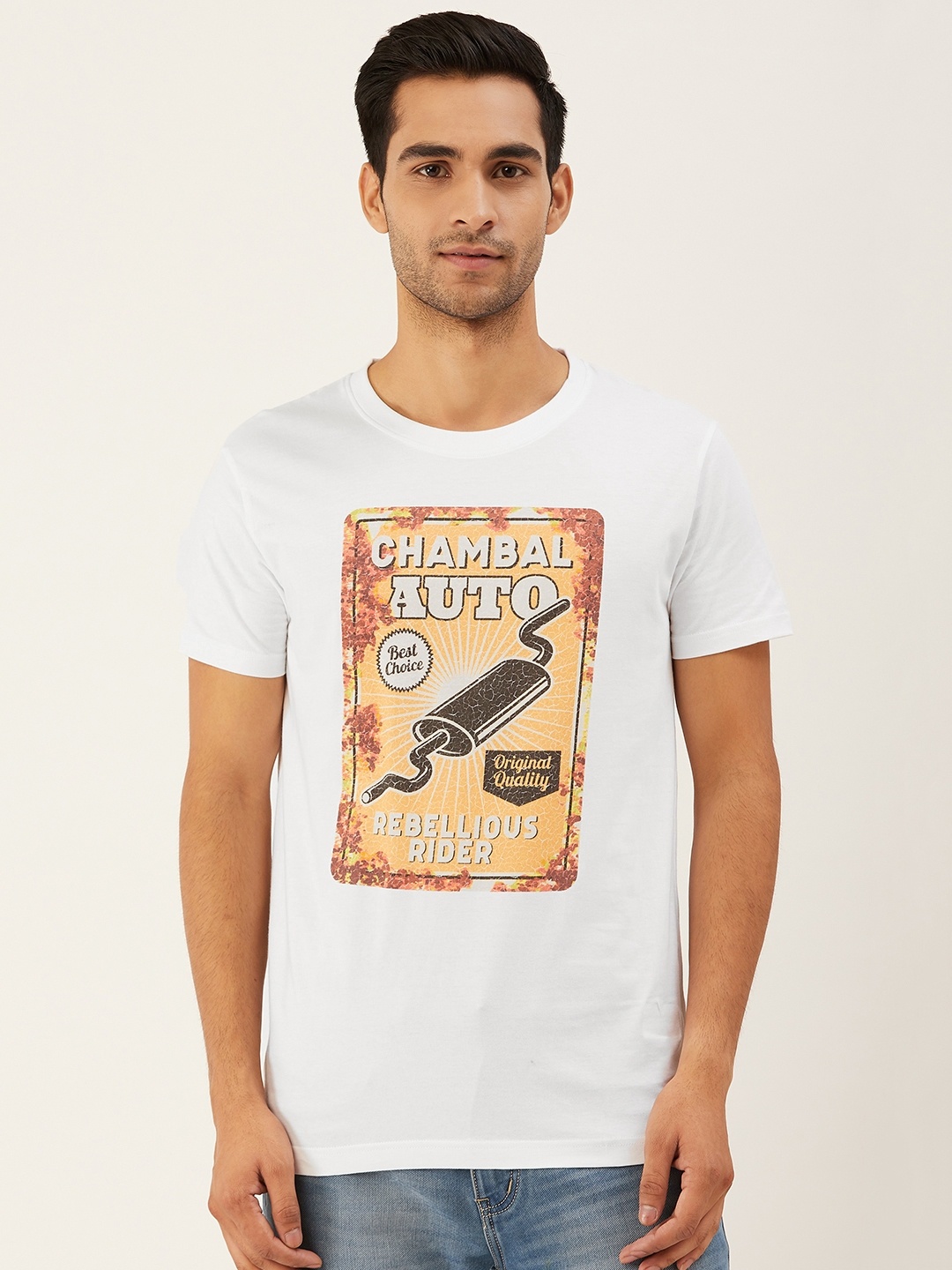 

THE CHAMBAL Men White Graphic Print Round Neck Bio-Wash Pure Cotton T-shirt