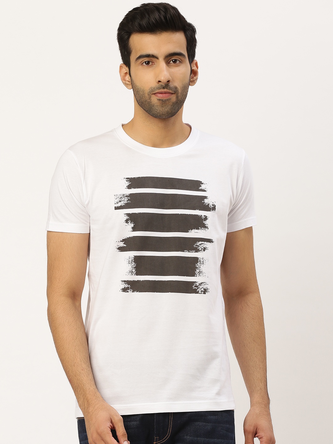 

THE CHAMBAL Men White Black Striped Round Neck Bio-Wash Pure Cotton T-shirt