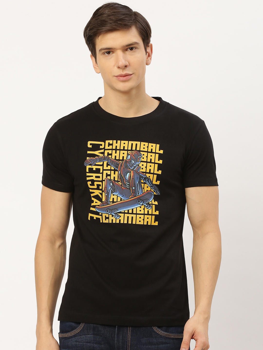 

THE CHAMBAL Men Black Mustard Yellow Printed Round Neck Pure Cotton T-shirt
