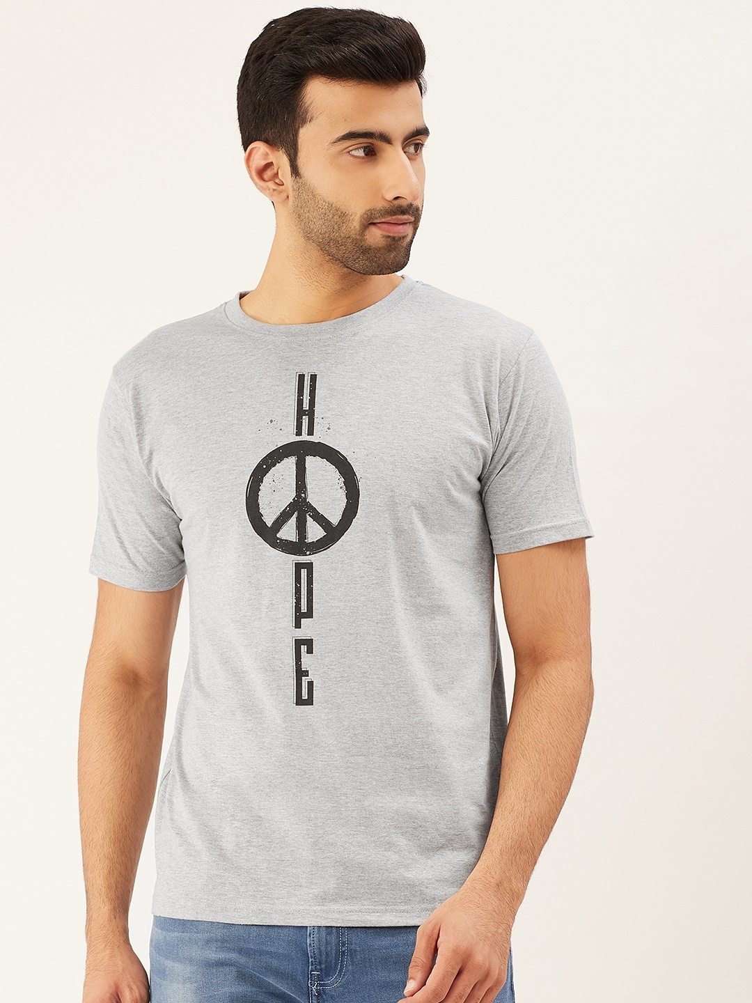 

THE CHAMBAL Men Grey Melange Black Peace Print Round Neck Bio-Wash Pure Cotton T-shirt