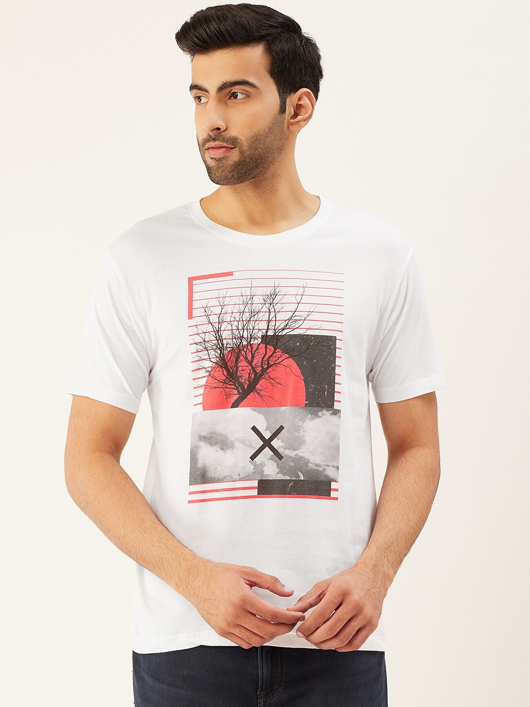 

THE CHAMBAL Men White Coral Red Graphic Print Round Neck Bio-Wash Pure Cotton T-shirt