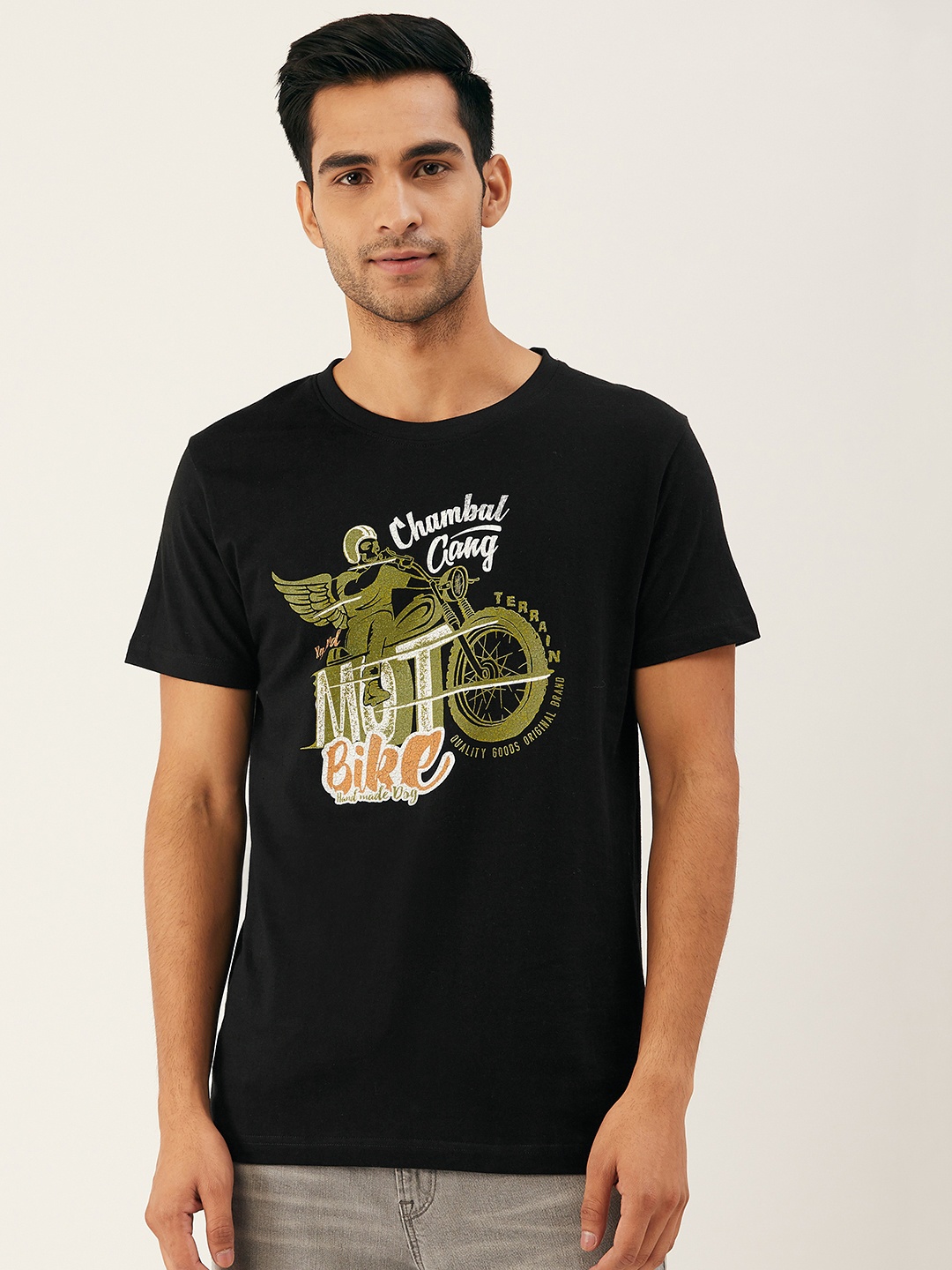 

THE CHAMBAL Men Black Olive Green Printed Round Neck Pure Cotton T-shirt