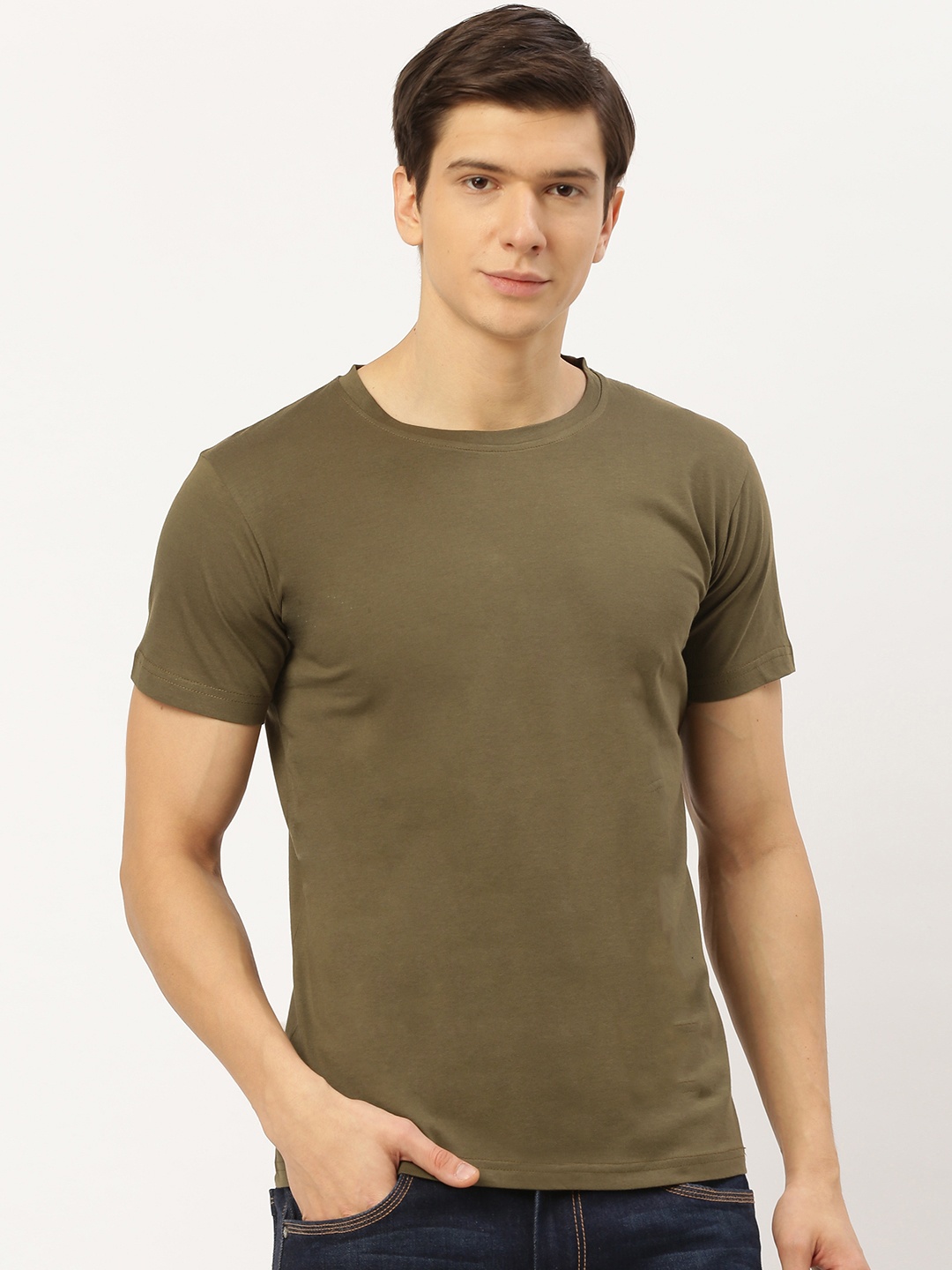 

THE CHAMBAL Men Olive Green Solid Round Neck Pure Cotton T-shirt