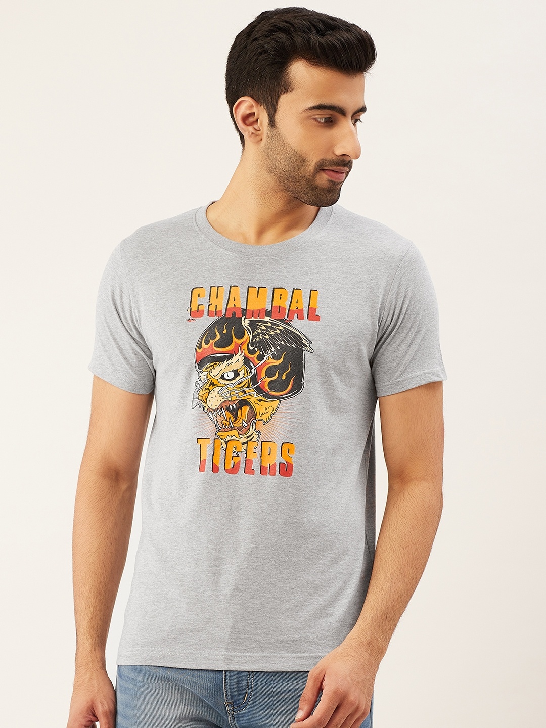 

THE CHAMBAL Men Grey Melange Yellow Chambal Tigers Print Round Neck Bio-Wash Pure Cotton T-shirt