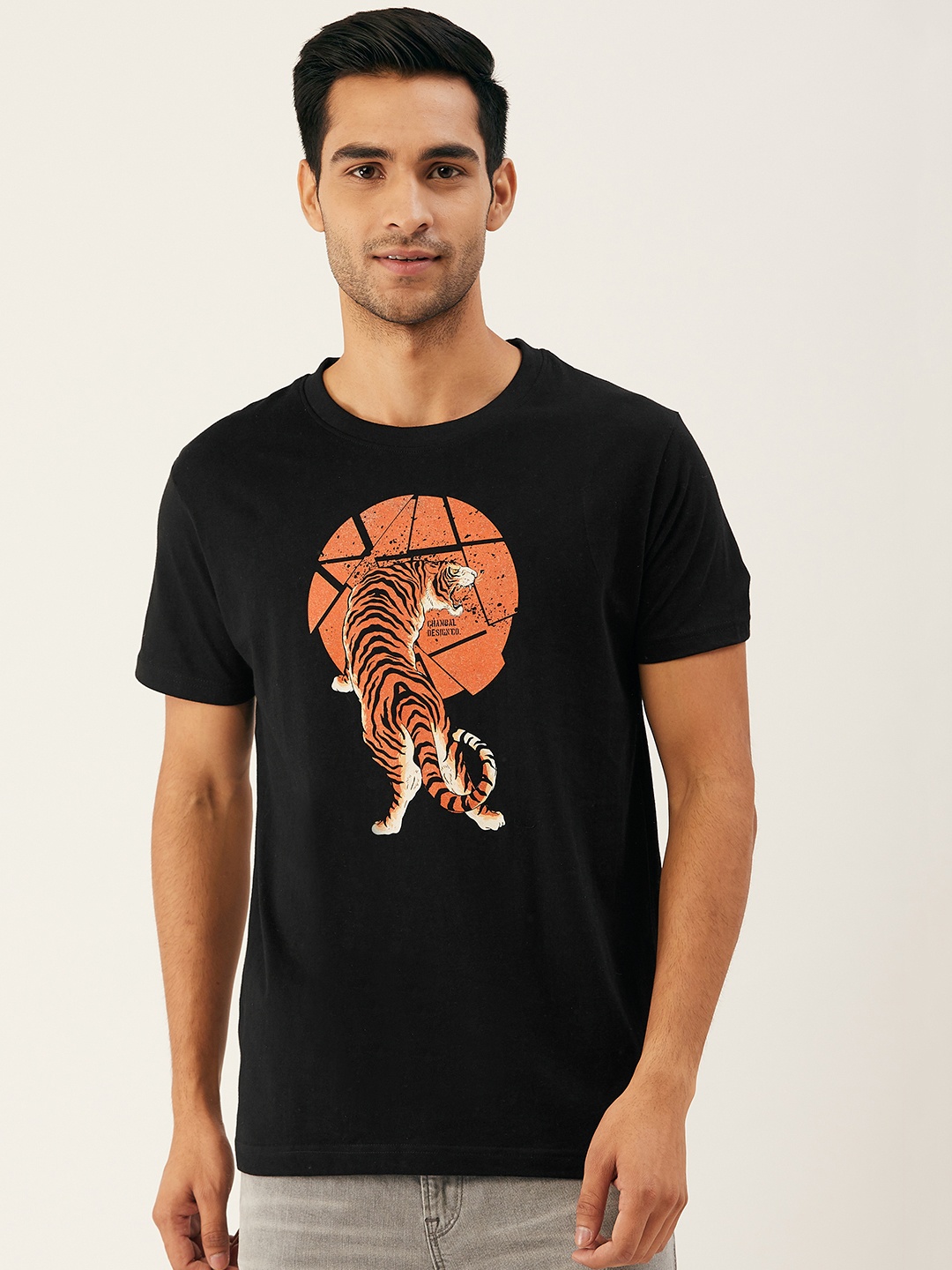 

THE CHAMBAL Men Black Orange Tiger Printed Round Neck Pure Cotton T-shirt