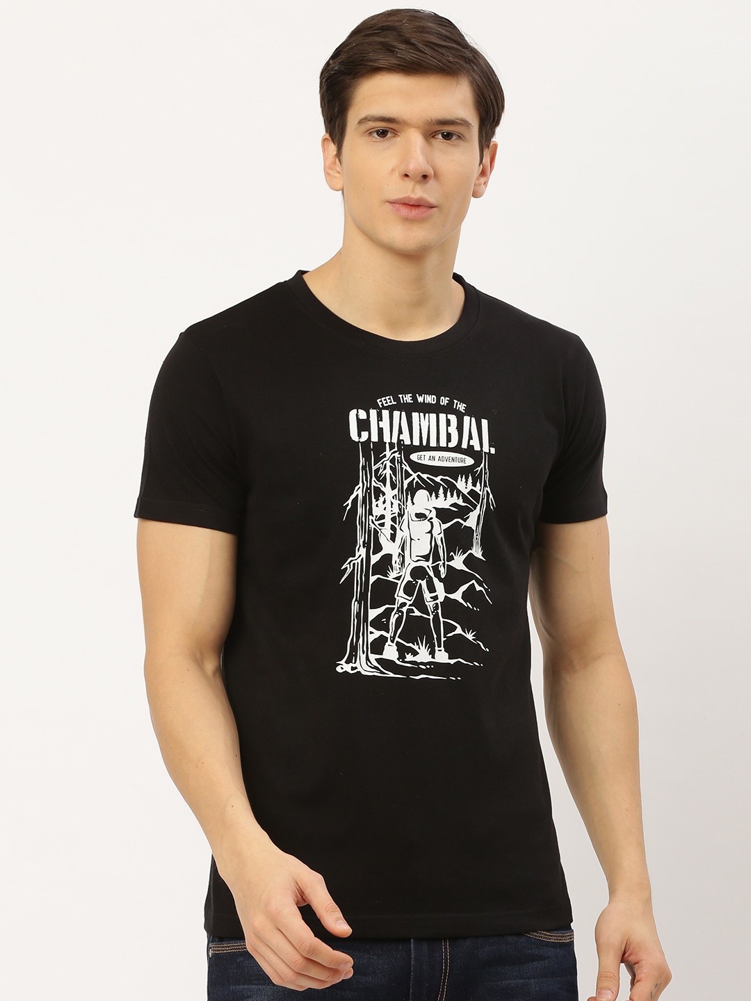 

THE CHAMBAL Men Black White Printed Round Neck Pure Cotton T-shirt