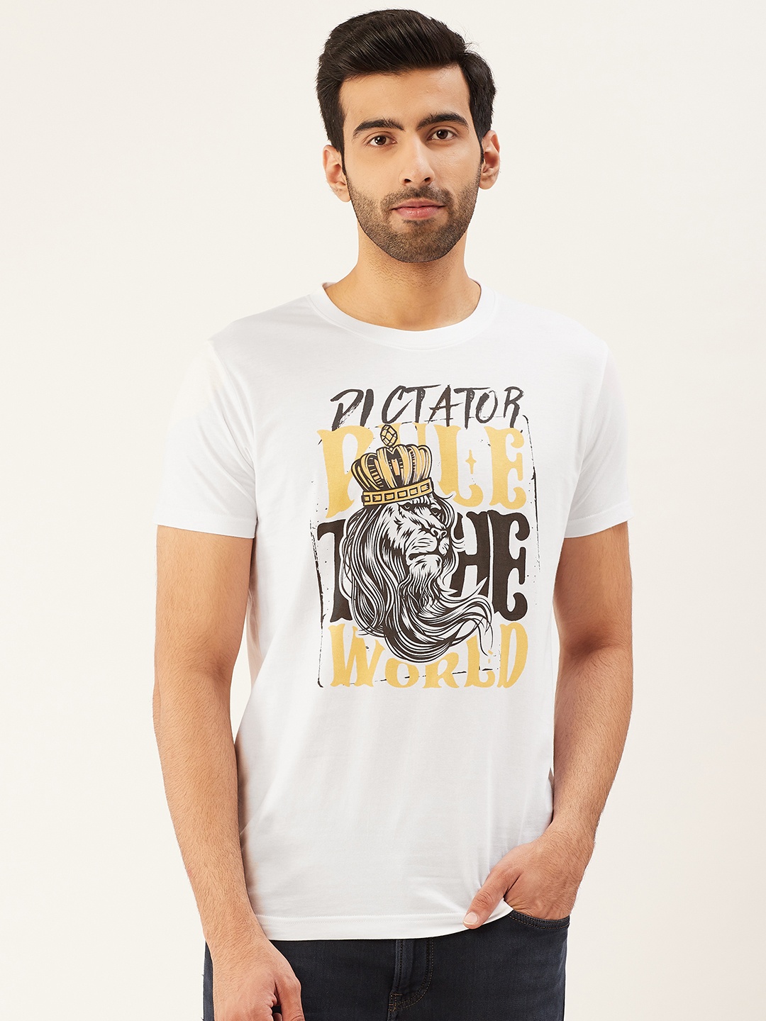 

THE CHAMBAL Men White Black Typography Print Round Neck Bio-Wash Pure Cotton T-shirt