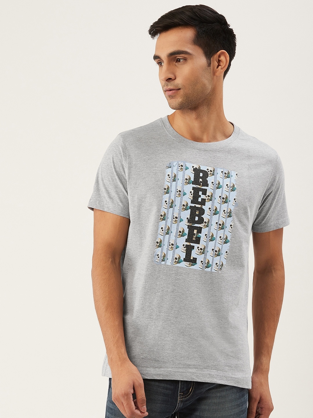 

THE CHAMBAL Men Grey Melange Blue Skull Typography Print Round Neck Bio-Wash Pure Cotton T-shirt