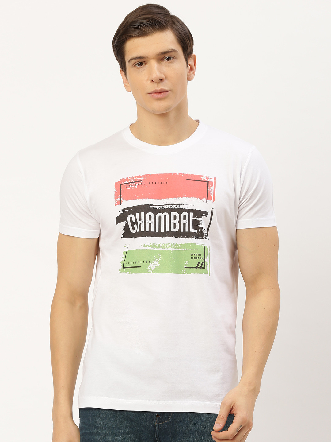 

THE CHAMBAL Men White Black Printed Round Neck Pure Cotton T-shirt