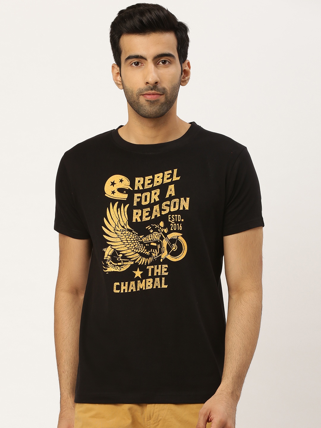 

THE CHAMBAL Men Black Mustard Yellow Typography Print Round Neck Bio-Wash Pure Cotton T-shirt