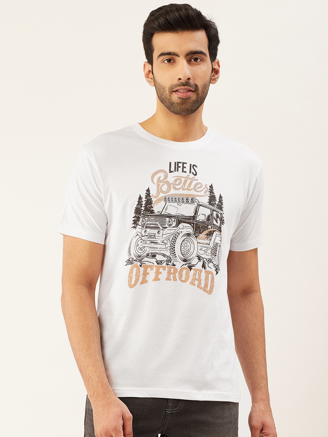

THE CHAMBAL Men White Black Jeep Print Round Neck Bio-Wash Pure Cotton T-shirt