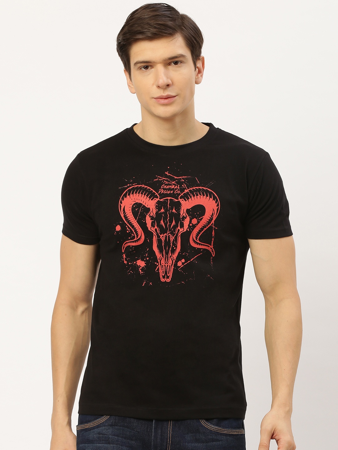 

THE CHAMBAL Men Black Red Printed Round Neck Pure Cotton T-shirt