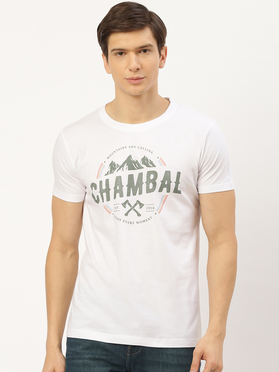 

THE CHAMBAL Men White Green Printed Round Neck Pure Cotton T-shirt