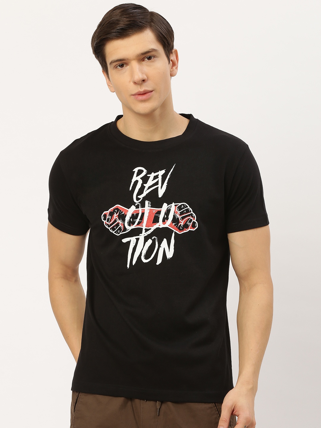 

THE CHAMBAL Men Black White Printed Round Neck Pure Cotton T-shirt