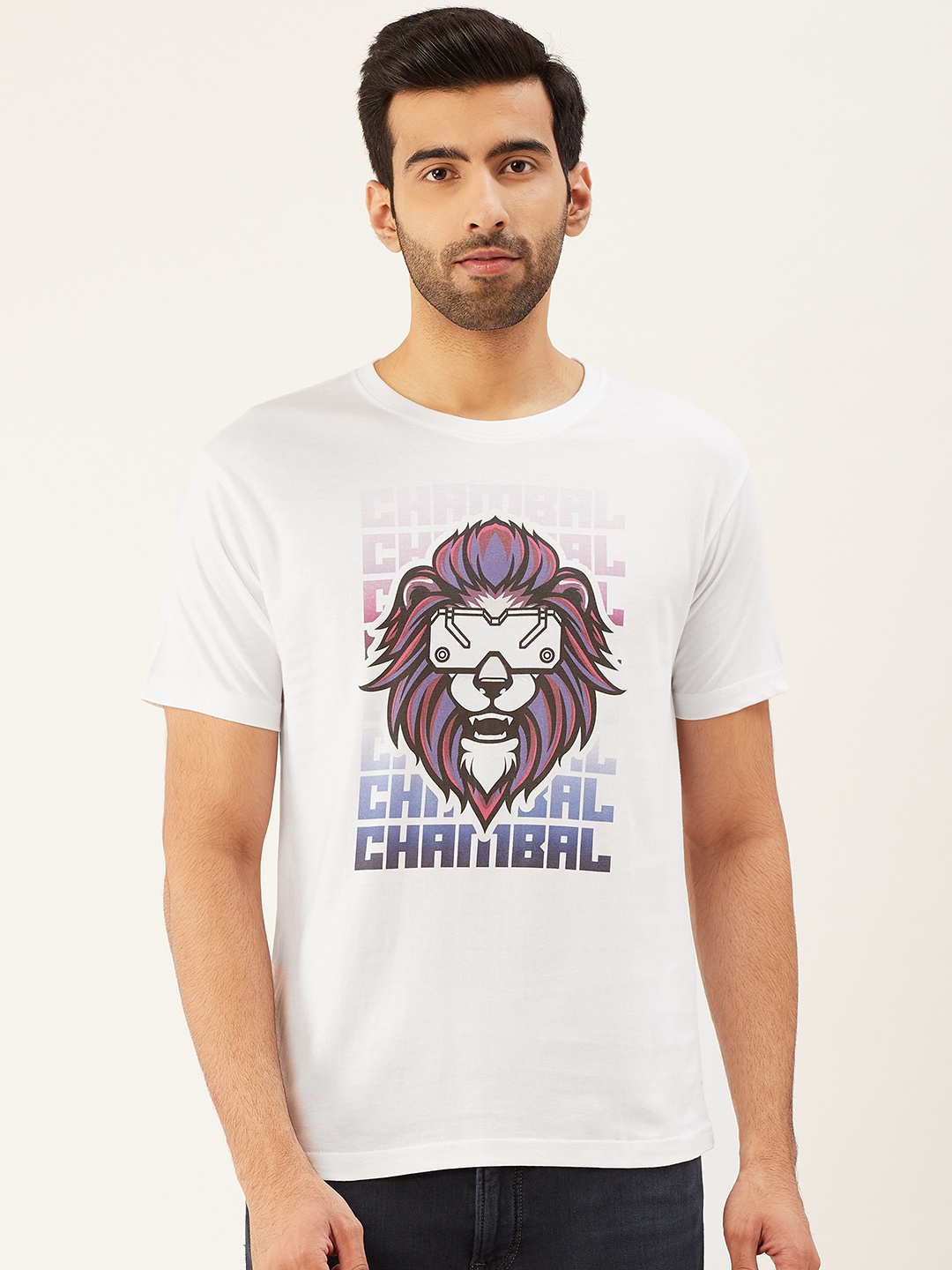 

THE CHAMBAL Men White Blue Lion Print Round Neck Bio-Wash Pure Cotton T-shirt