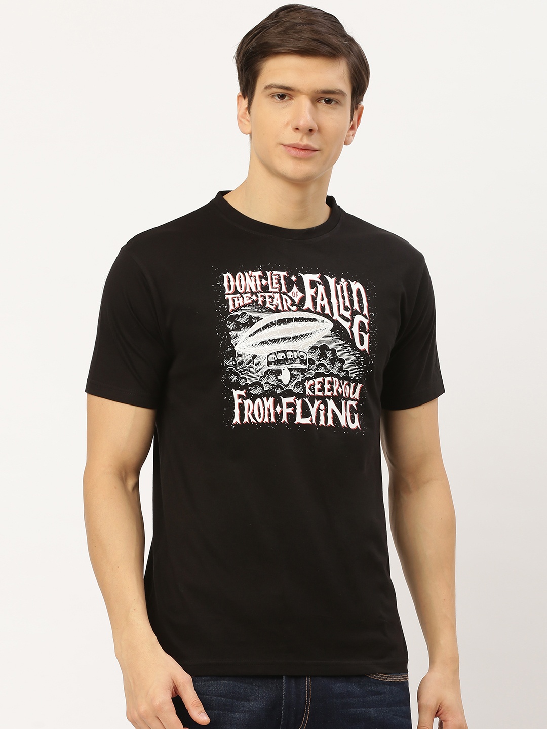 

THE CHAMBAL Men Black White Printed Round Neck Pure Cotton T-shirt