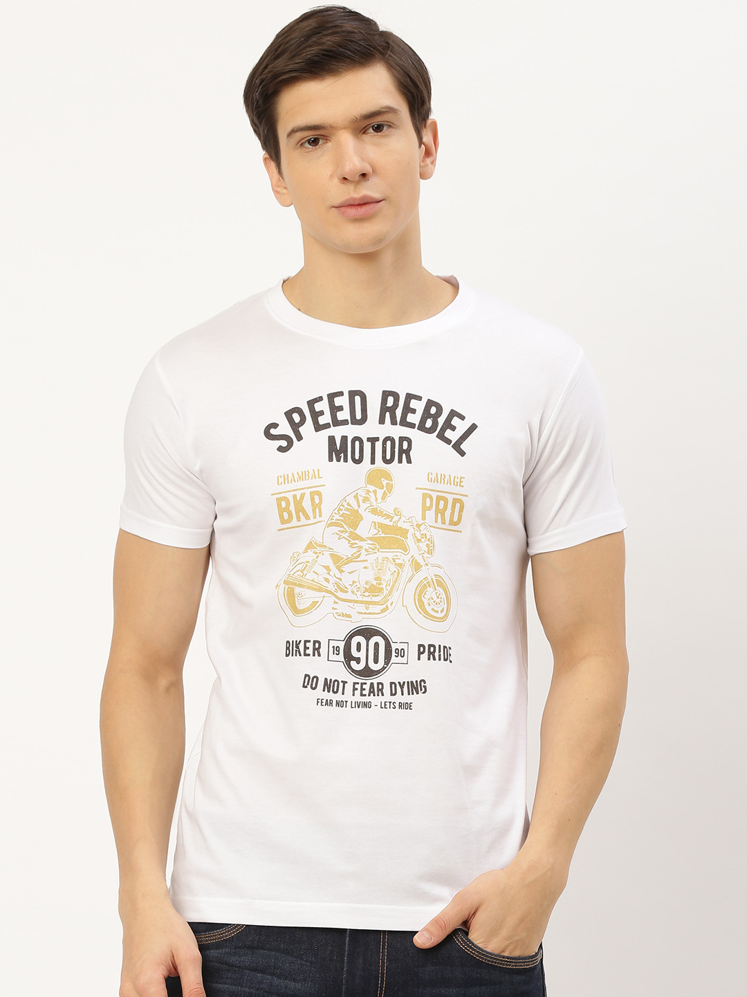 

THE CHAMBAL Men White Yellow Biker Print Round Neck Pure Cotton T-shirt