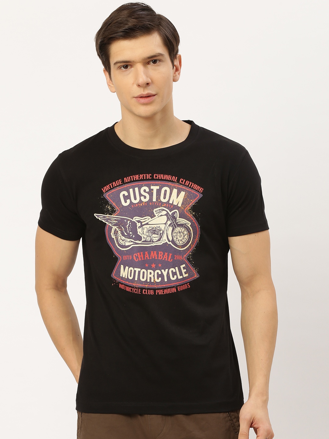 

THE CHAMBAL Men Black Purple Biker Print Round Neck Pure Cotton T-shirt