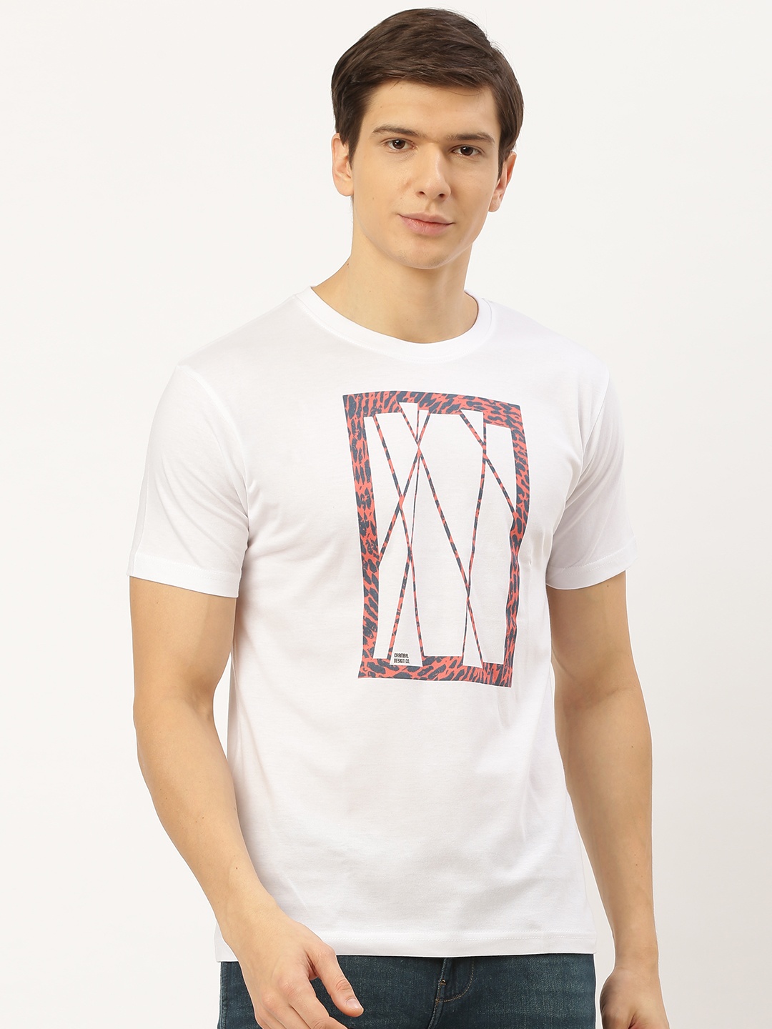 THE CHAMBAL Men White Orange Printed Round Neck Pure Cotton T-shirt