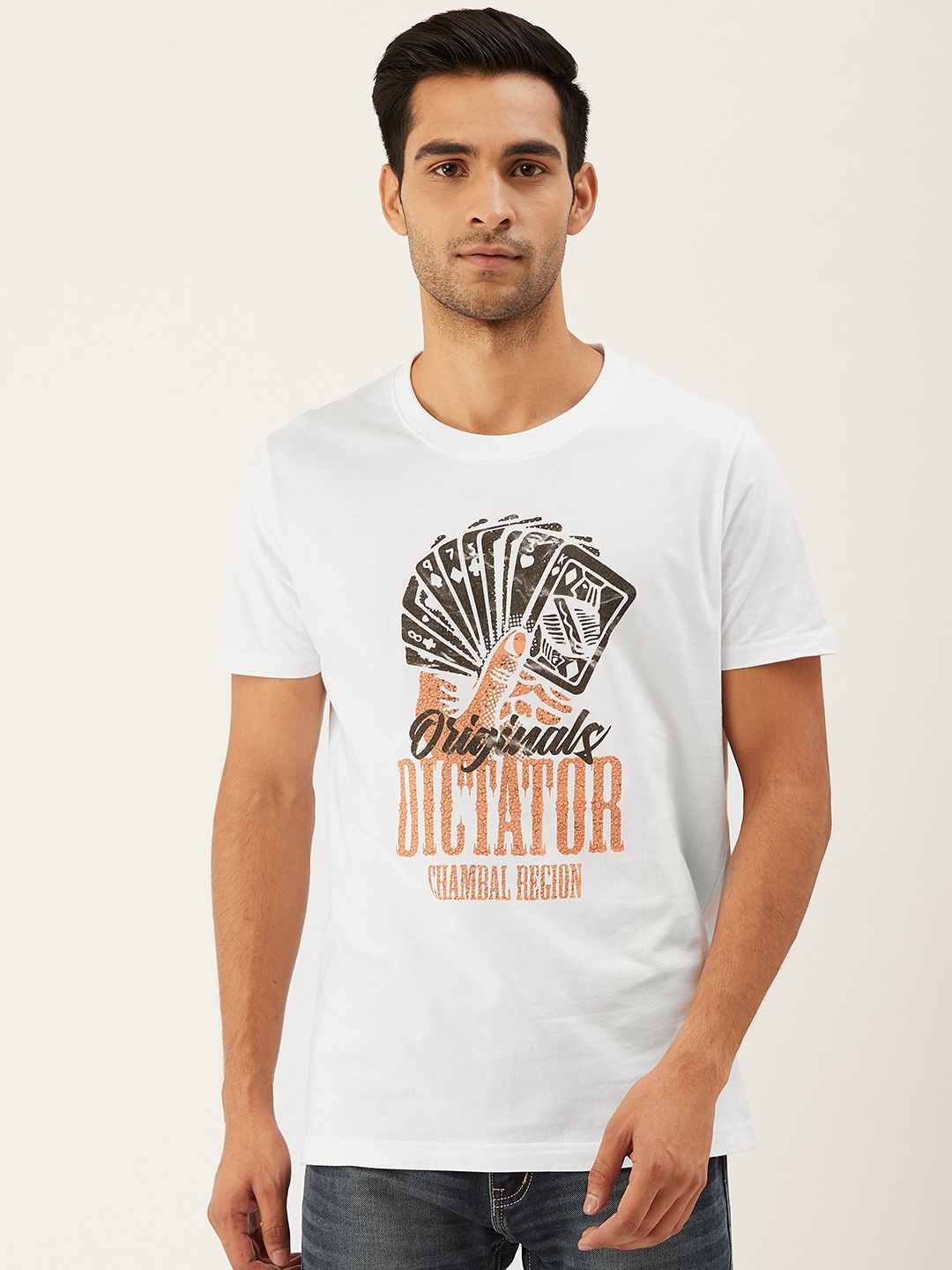 THE CHAMBAL Men White Black Printed Round Neck Pure Cotton T-shirt