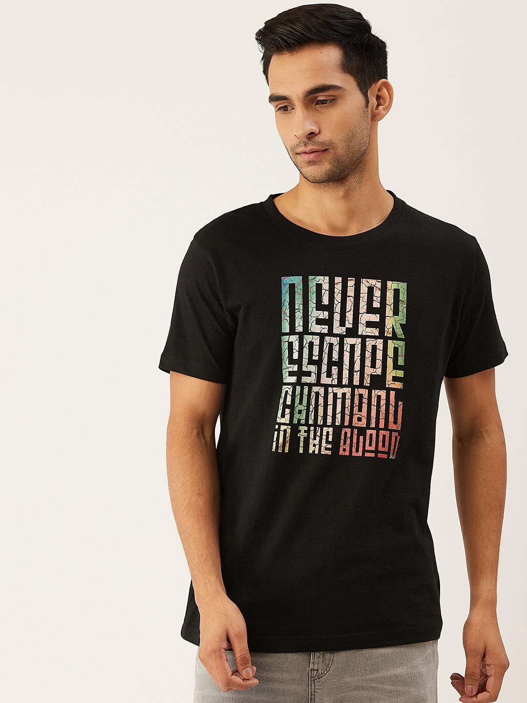 

THE CHAMBAL Men Black Beige Printed Round Neck Pure Cotton T-shirt