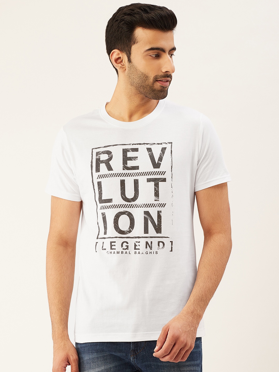 

THE CHAMBAL Men White & Charcoal Grey Typography Printed Round Neck T-shirt