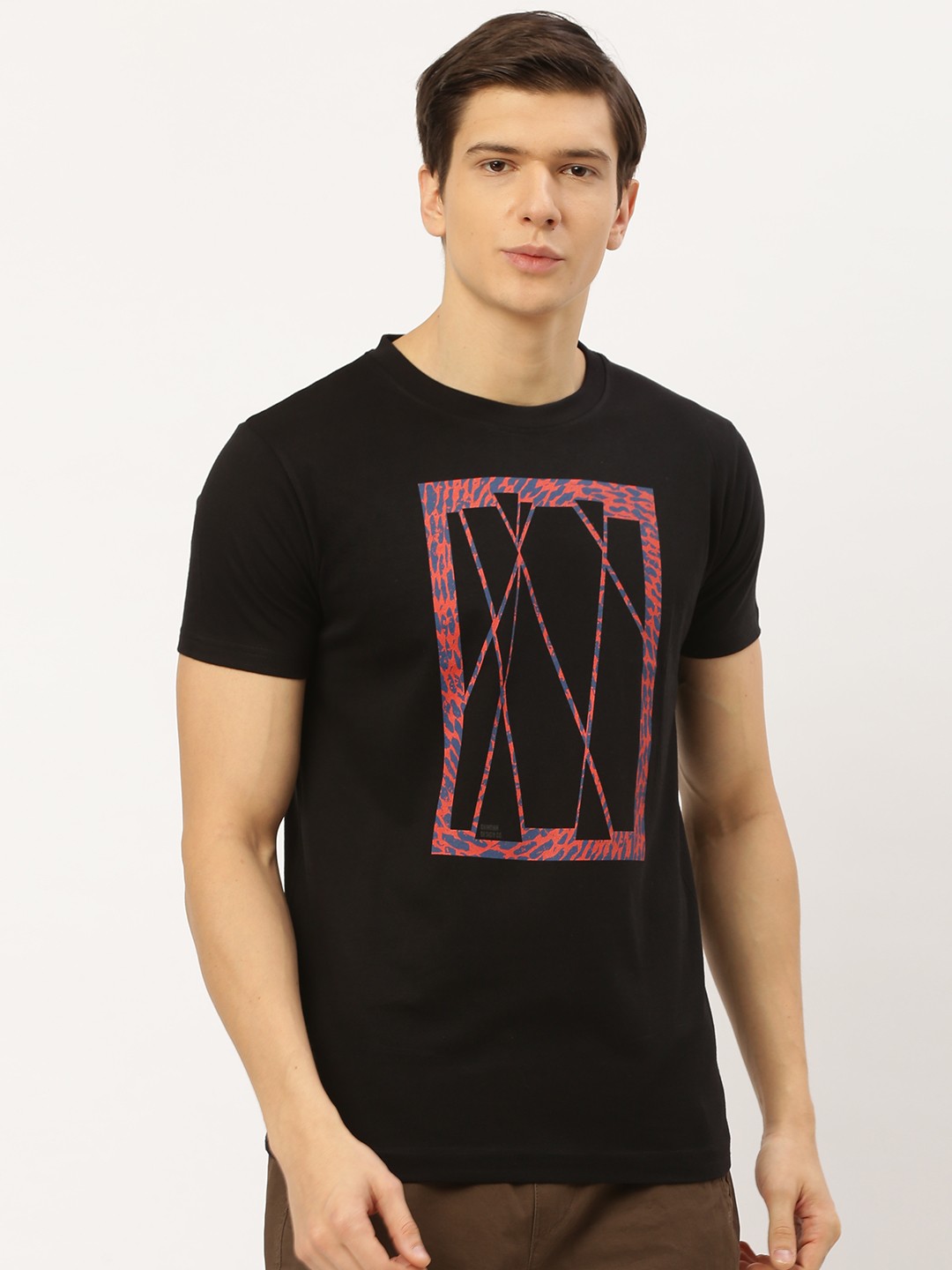 

THE CHAMBAL Men Black Orange Printed Round Neck Pure Cotton T-shirt