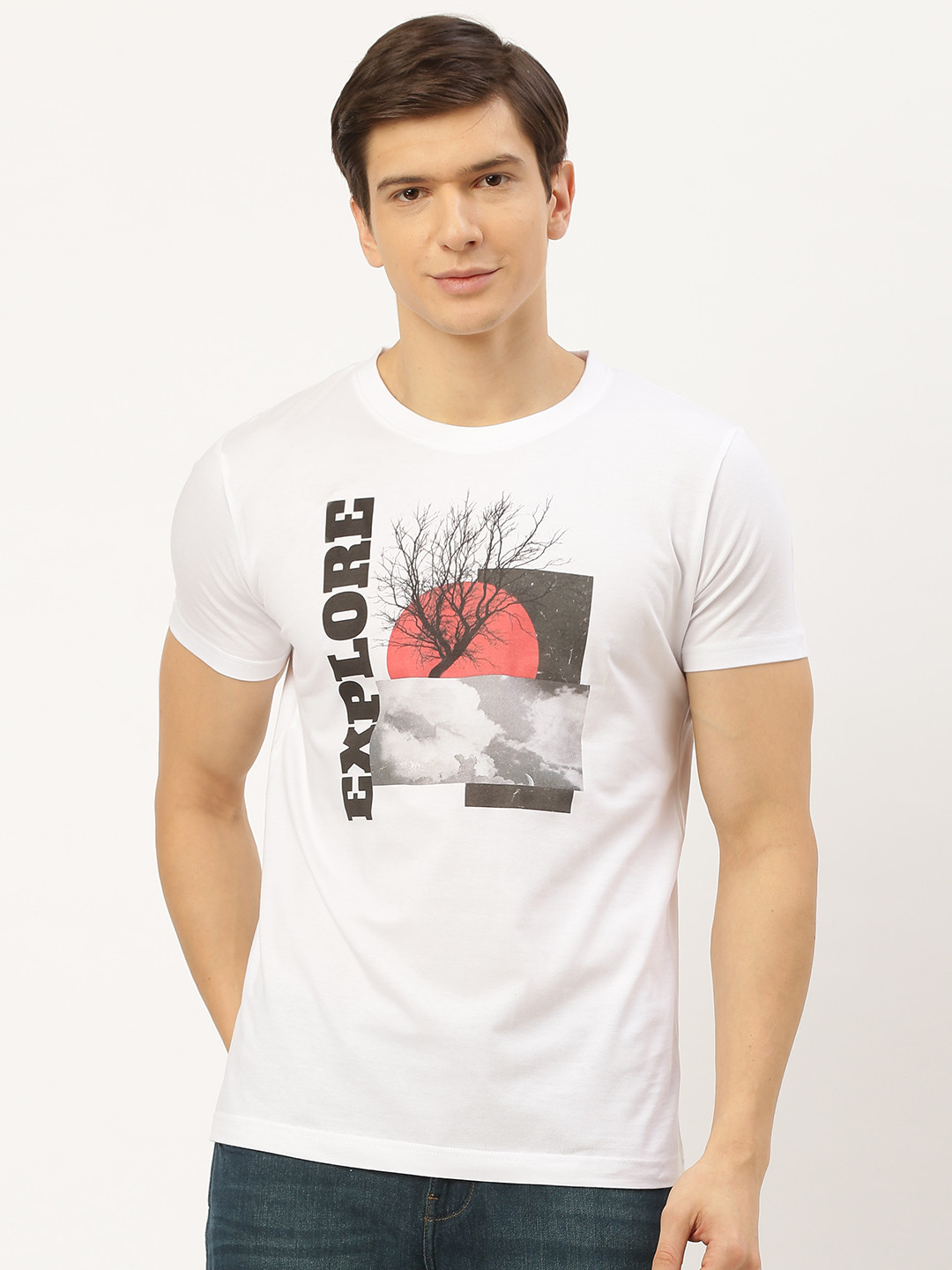 

THE CHAMBAL Men White Black Printed Round Neck Pure Cotton T-shirt