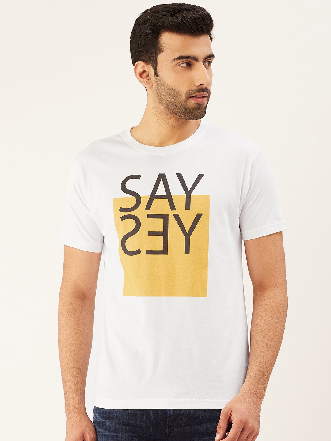 

THE CHAMBAL Men White & Mustard Yellow Typography Printed Round Neck T-shirt