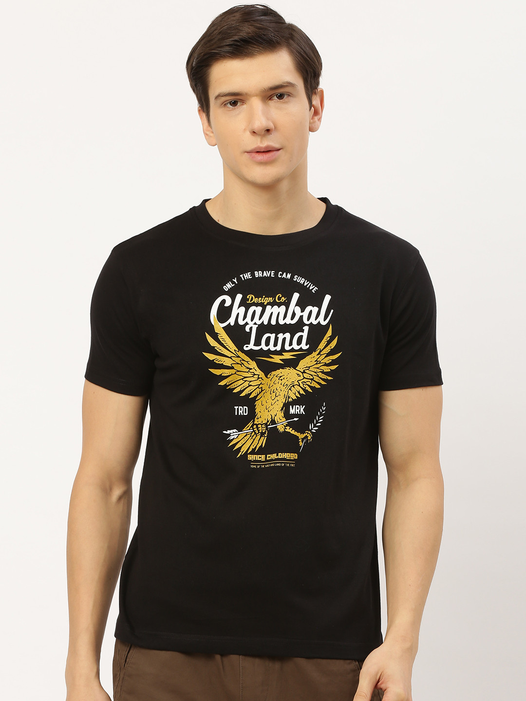 

THE CHAMBAL Men Black Mustard Yellow Eagle Printed Round Neck Pure Cotton T-shirt