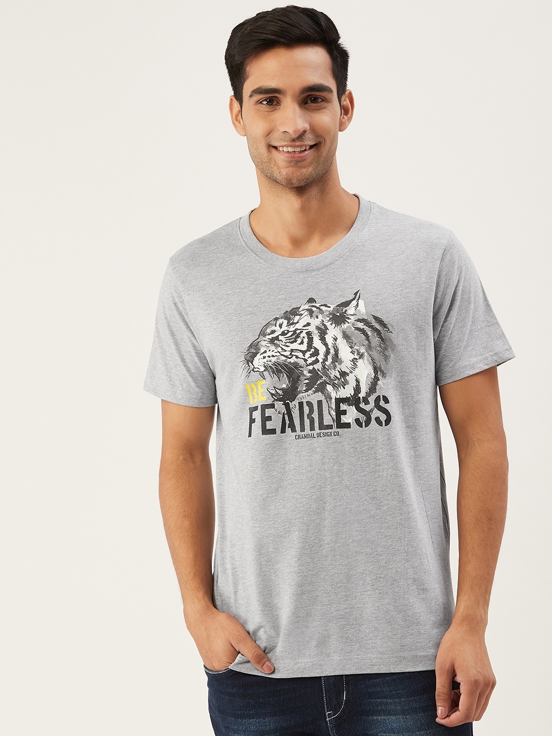 

THE CHAMBAL Men Grey Melange Black Tiger Print Round Neck Bio-Wash Pure Cotton T-shirt