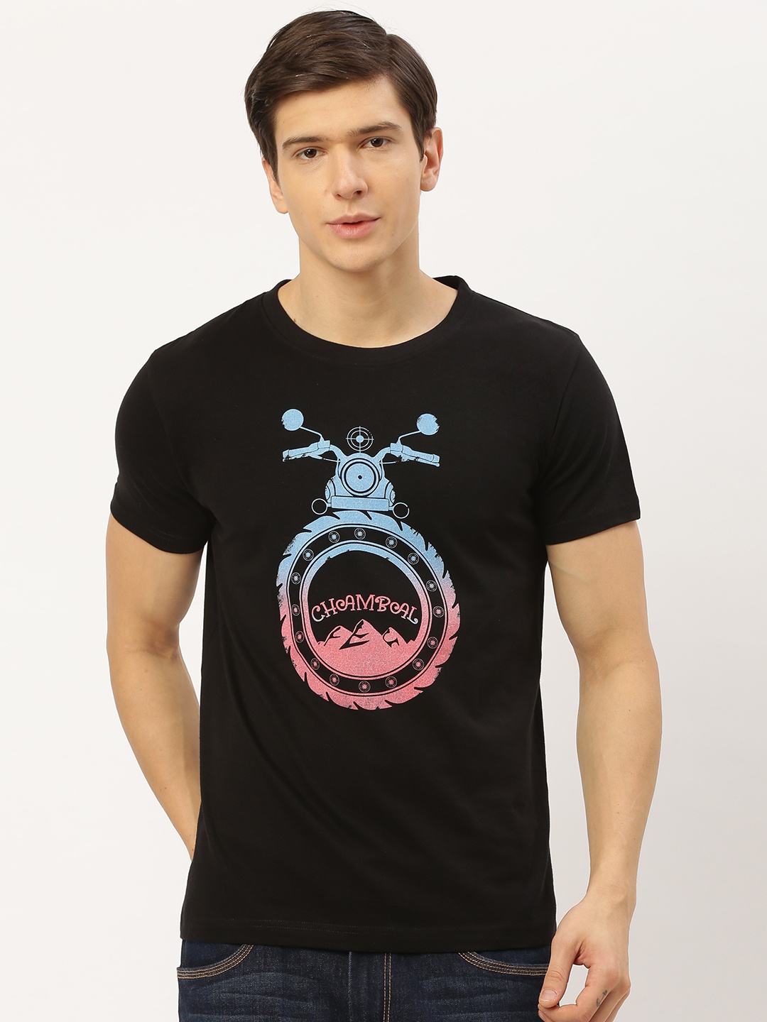 

THE CHAMBAL Men Black Blue Biker Printed Round Neck Pure Cotton T-shirt