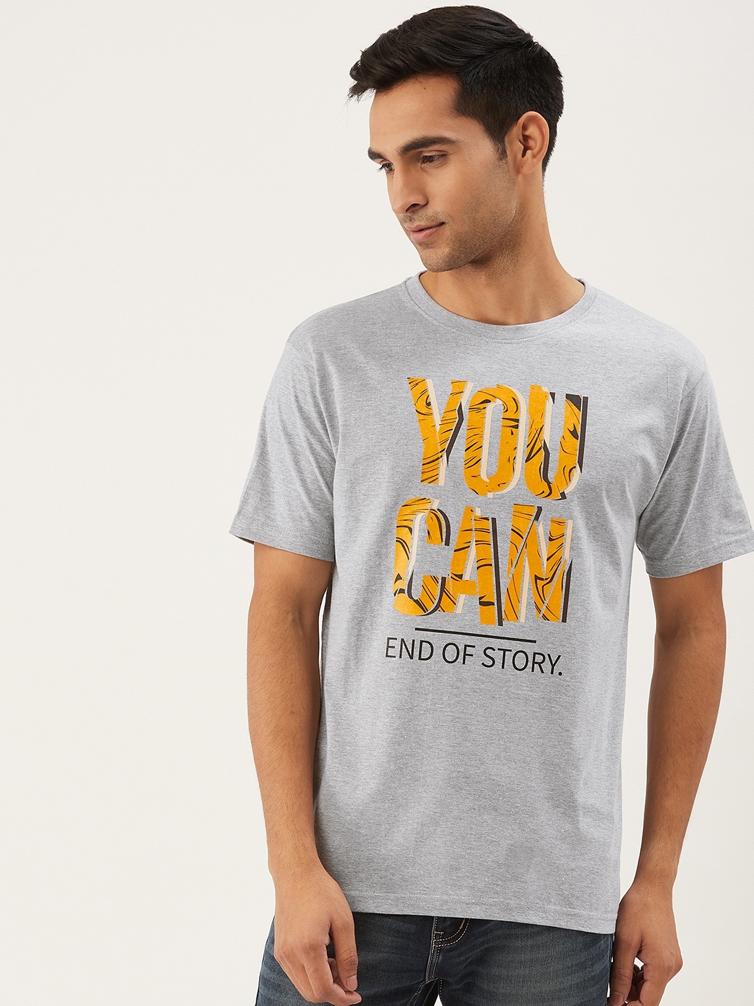 

THE CHAMBAL Men Grey Melange Yellow Typography Print Round Neck Bio-Wash Pure Cotton T-shirt