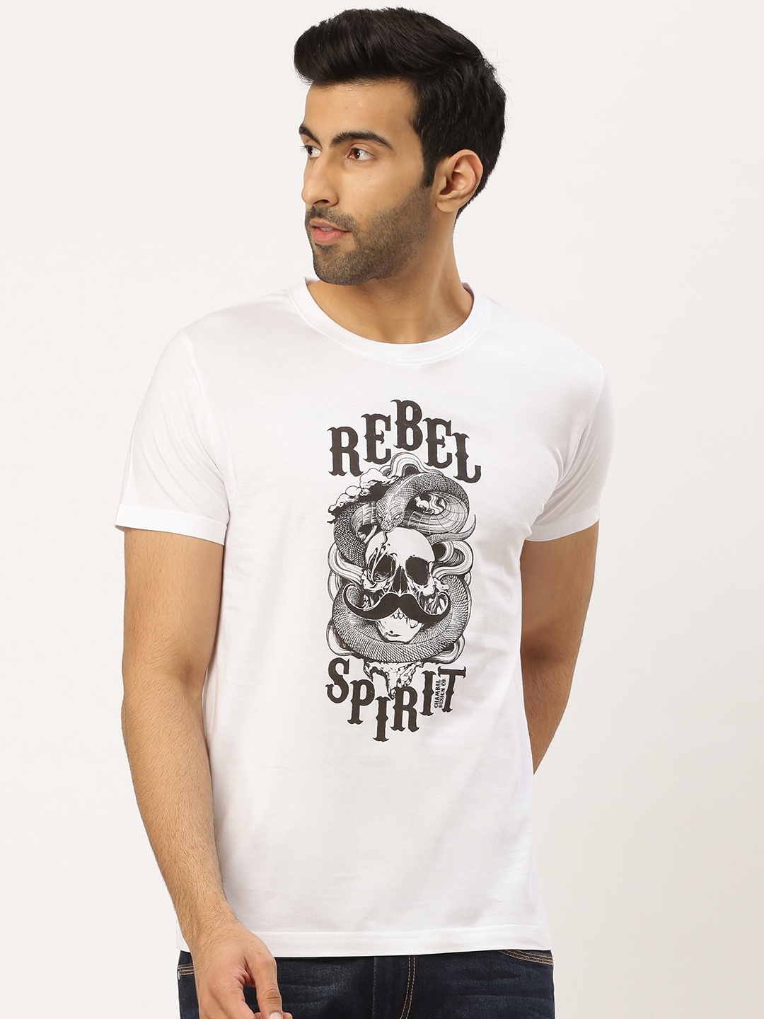 

THE CHAMBAL Men White Black Typography Print Round Neck Bio-Wash Pure Cotton T-shirt