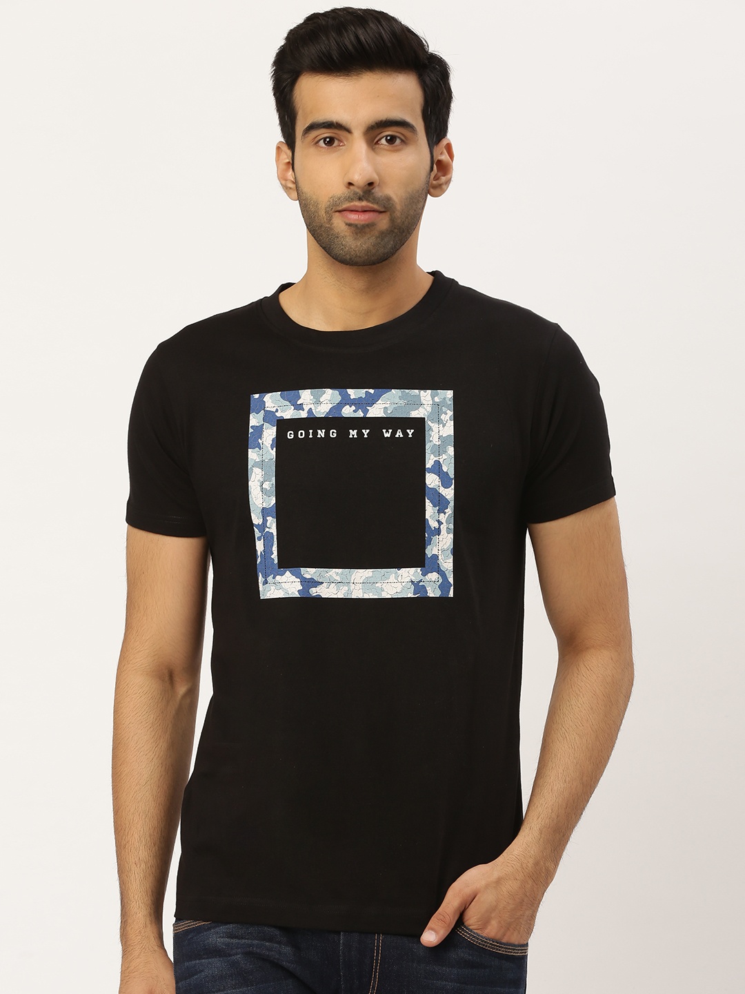 

THE CHAMBAL Men Black Blue Camouflage Print Round Neck Bio-Wash Pure Cotton T-shirt