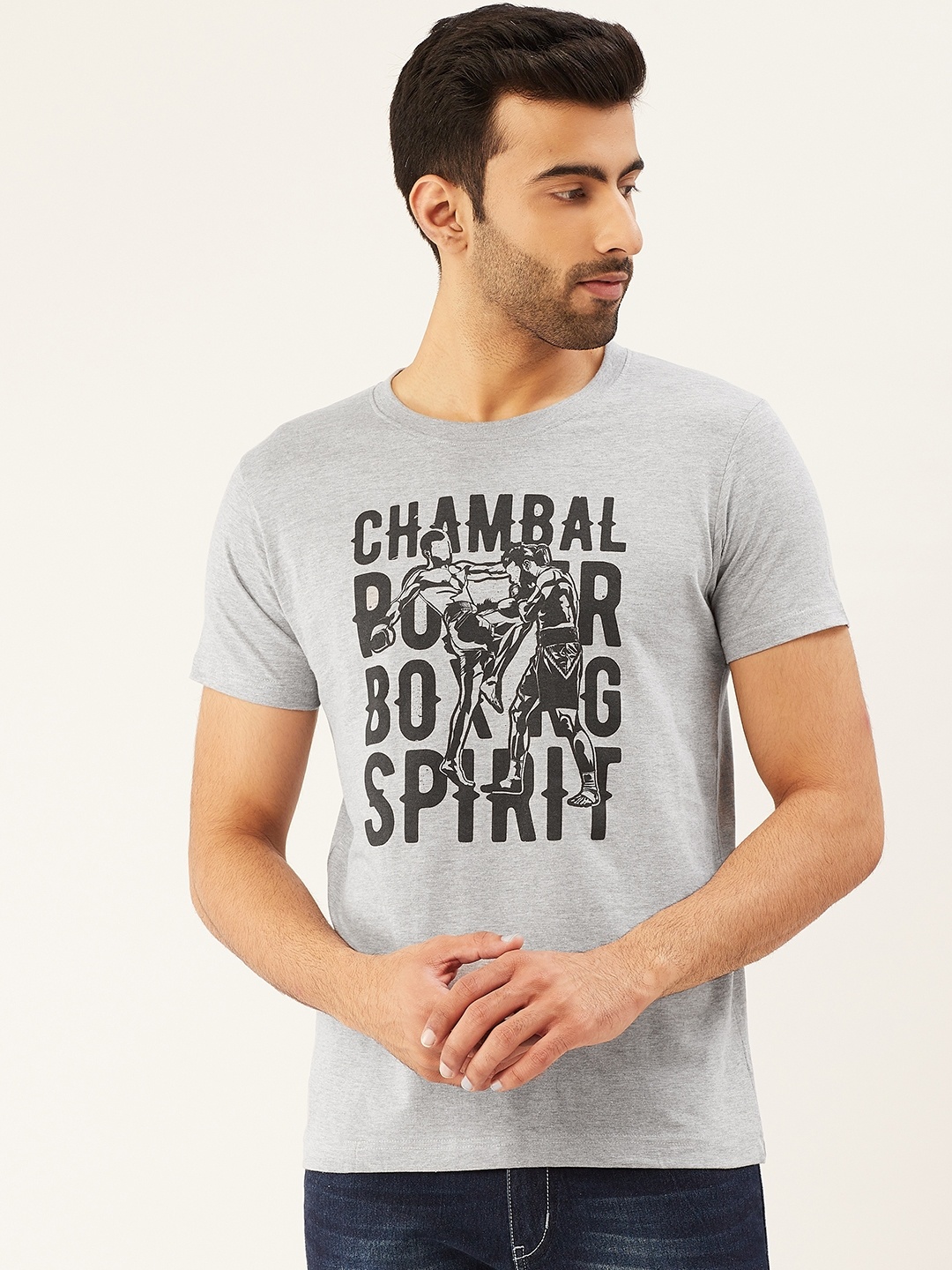 

THE CHAMBAL Men Grey Melange & Black Printed Round Neck T-shirt