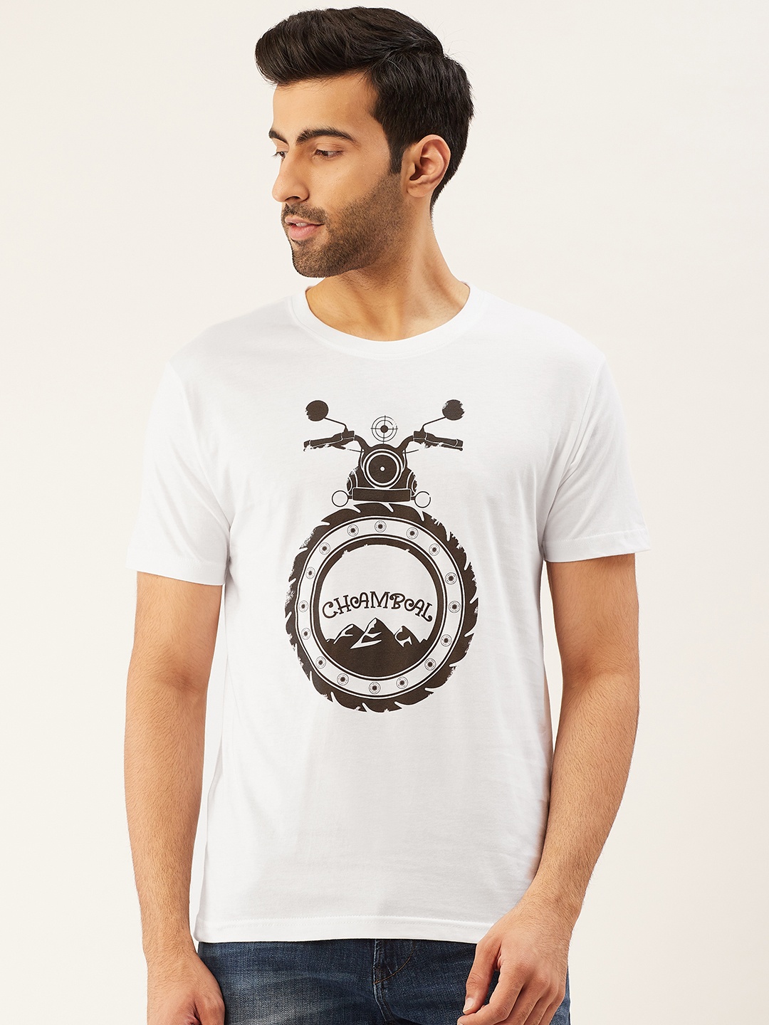 

THE CHAMBAL Men White & Black Printed Round Neck T-shirt