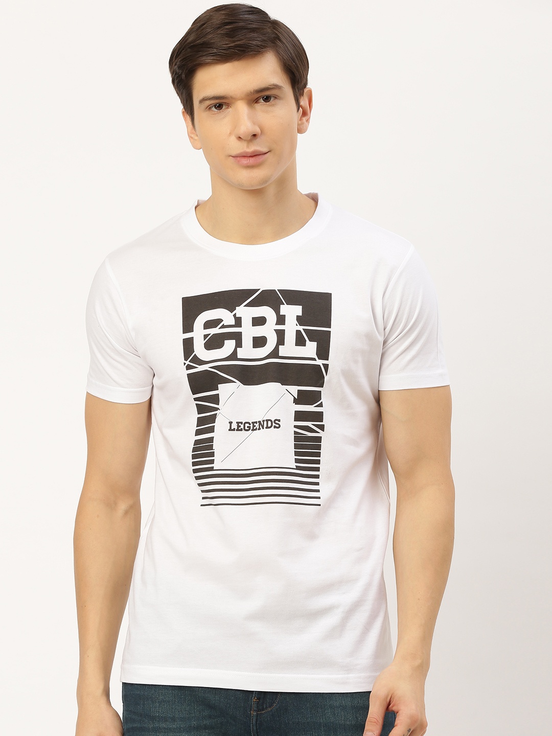 

THE CHAMBAL Men White Black Printed Round Neck Pure Cotton T-shirt